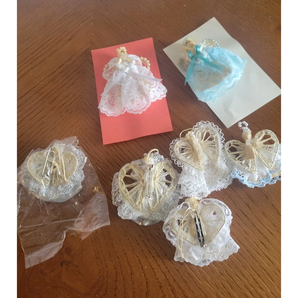 Handmade Praying Angel Pins Lace Dress jewelry Christmas Ornaments Lot of‎ 7